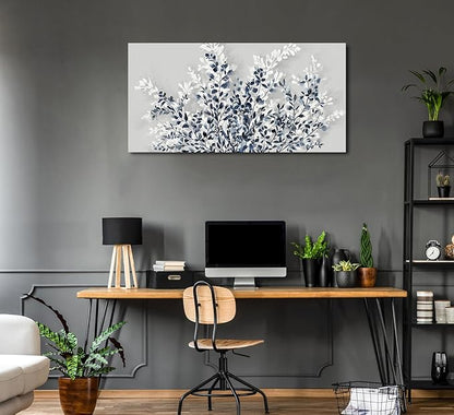NINEASO Botanical Flowers Wall Art - Indigo Blue and White Floral Canvas Pictures Spring Blooming Painting Gray Background Printing Artwork Living Room Bedroom Home Office Wall Decor 20" x 40"