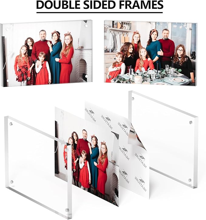 4x6 Acrylic Picture Frame 3 Pack, Clear Freestanding Double Sided Frameless Magnetic Photo Frames, Desktop Display Decor Gift