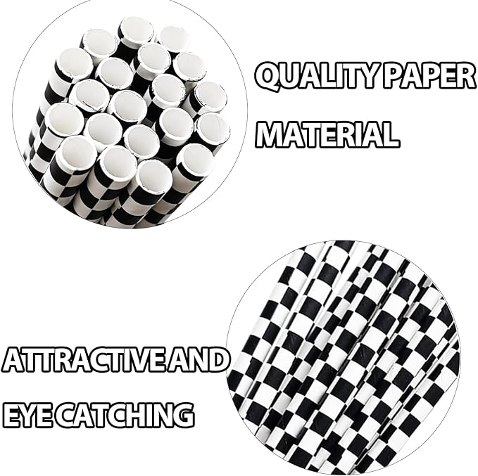 50 Pcs Checkered Flag Paper Straws Racing Car Straws Black and White Checkered Drinking Straws for Racing Birthday Party Decorations, Standard, Black/White