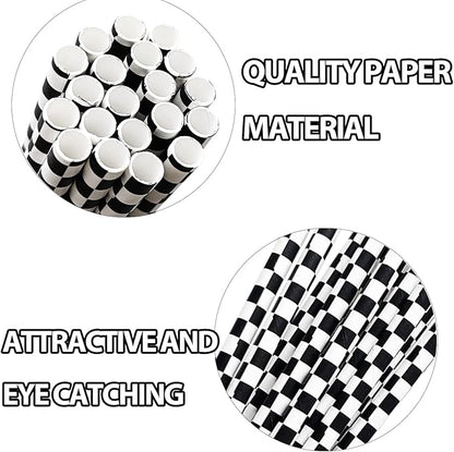 50 Pcs Checkered Flag Paper Straws Racing Car Straws Black and White Checkered Drinking Straws for Racing Birthday Party Decorations, Standard, Black/White