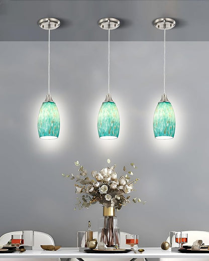 Mini Pendant Lights Kitchen Island Hand Blown Aqua Glass Pendant Light with Brush Nickel Finish Adjustable Cord for Kitchen Over Sink,Hallway,Dining Room,Stairs Way
