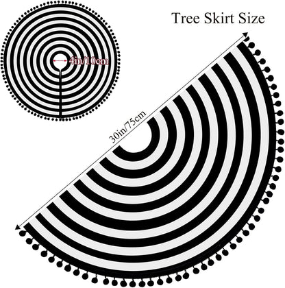 MACTING Christmas Black and White Tree Skirt, 30 Inch Annual Rings Tree Mat with Pom Poms for Xmas Tree Halloween Indoor Home Holiday Party Christmas Decorations