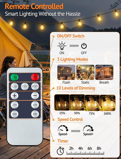 50FT(2x25FT) Solar String Lights Outdoor with Remote, Waterproof Dimmable 3 Modes Patio Lights with 20+2 LED G40 Bulbs for Cafe Bistro-Black