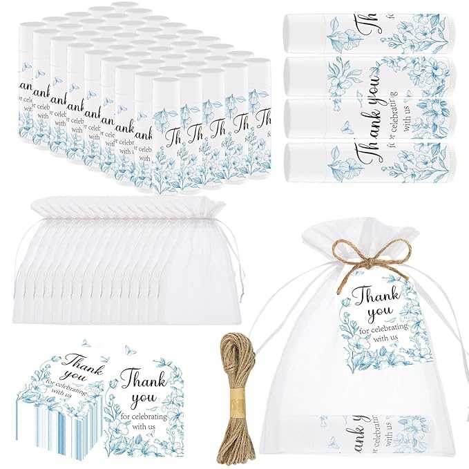 50 PCS Blue Flower Bridal Baby Shower Lip Balm Gift Baby Shower Favor Party Wedding and Engagement Party Bulk Lip Balm Thank You Gifts with Card Tags for Guests (blue flower)