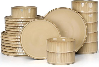 E-far 24-Piece Stoneware Dinnerware Sets, Plates and Bowls Sets for 8, Kitchen Modern Dinning Porcelain Dishes Set, Chip & Scratch Resistant, Dishwasher & Microwave Safe, Caramel Khaki