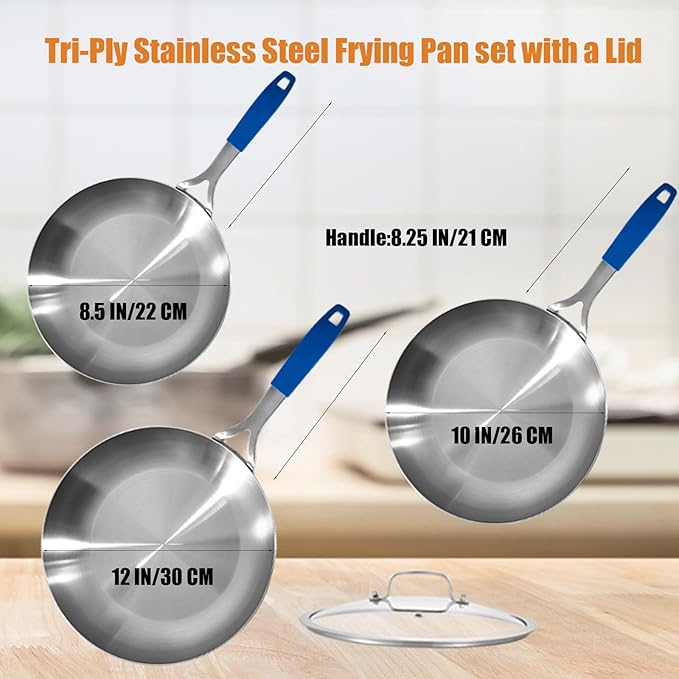 Inqibee 8.5-10-12 Inch Tri-Ply Stainless Steel Frying Pan Set with Lid,Skillets,Induction Cooking Pans,Pots and Pans Set,Dishwasher and Oven Safe,Detachable Handle.