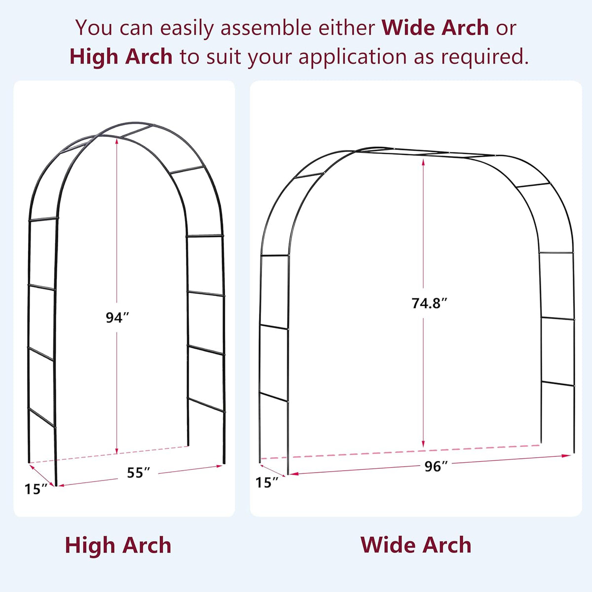 Garden Arch, Outdoor Flower Garden Arch Trellis, Sturdy Steel Arbor for Climbing Plants, Wedding Decoration, 94" H x 55" W, Black