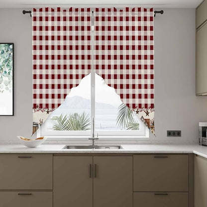 Swag Curtain Valances for Kitchen Windows,Farm Barn Western Star on Vintage Short Rod Pocket Window Valance,Red Buffalo Plaid Swag Topper for Bedroom Living Room,2 Panels 28x36in