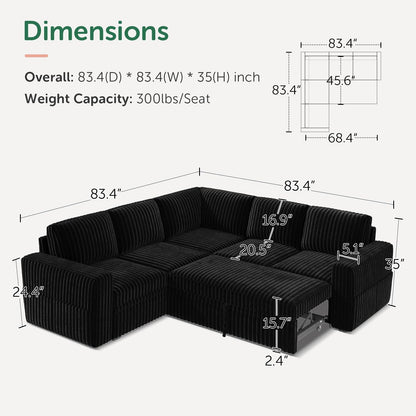 HONBAY Modular Sectional Sleeper Sofa with Pull Out Bed,Corduroy L Shaped Couch with Storage, Sectional Couches for Living Room,Black