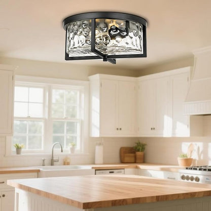 Modern Flush Mount Ceiling Light, 13" D 2-Light Industrial Close to Ceiling Lights, Hammered Glass Ceiling Light,Flush Ceiling Light for Hallway, Kitchen, Bathroom, Dining Room (Black,)