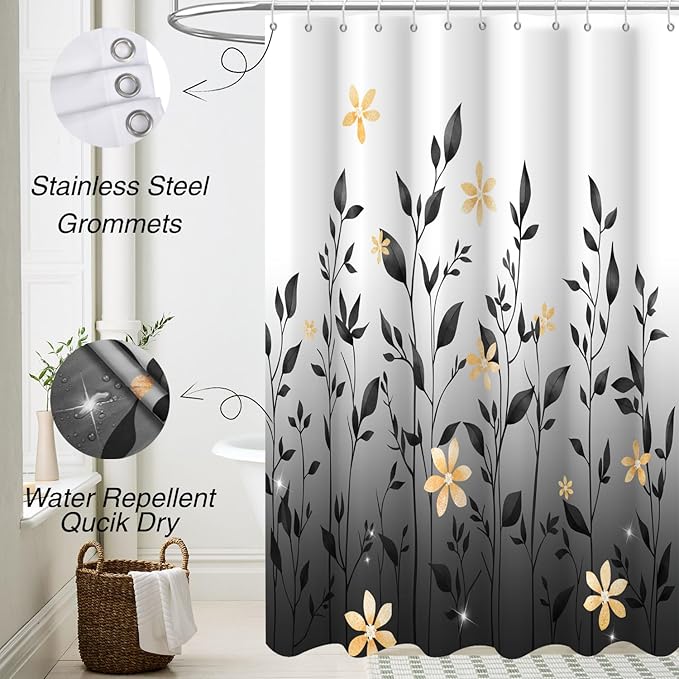 Eucalyptus Shower Curtain, Ombre Floral Leaves Plant Washable Fabric Bath Decor with 12 Hooks 72x72 inches, Black