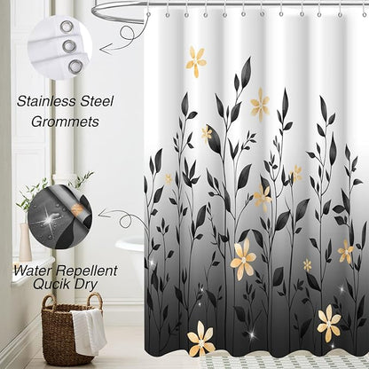 Eucalyptus Shower Curtain, Ombre Floral Leaves Plant Washable Fabric Bath Decor with 12 Hooks 72x72 inches, Black