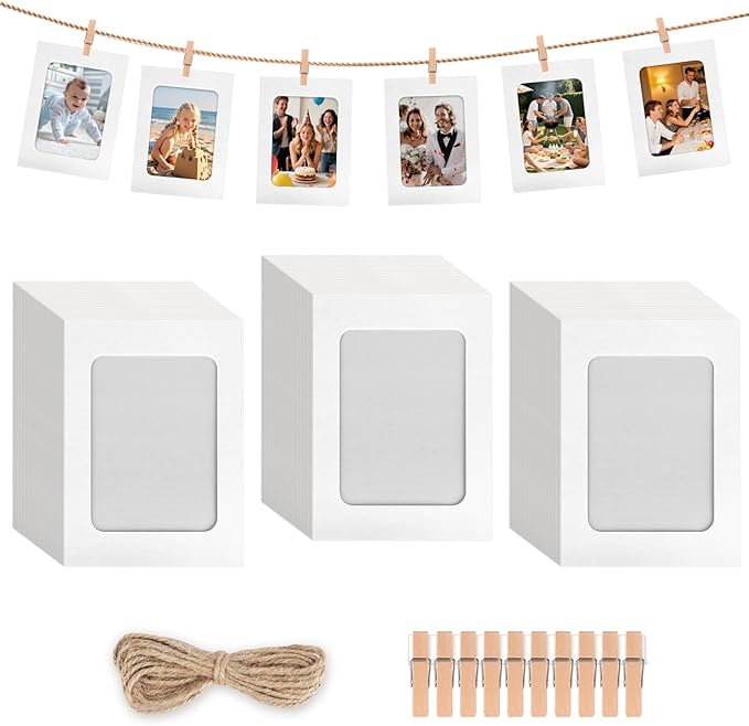 100 Pack Paper Picture Frames, 4x6 Inch Photo Strip Frame Hanging Photo Display Banner, White Photo Holder with Wooden Clips and String for Wall Decor and Party Supplies