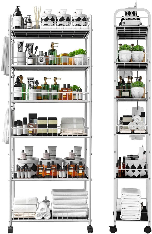 10in 6 Tier Slim Storage Cart with Wheels,White Narrow Space Rolling Shelving Unit, Metal Wire Mobile Organizer Rack for Kitchen Bathroom Office Laundry