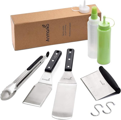 Anmarko Metal Spatula Set Stainless Steel and Scraper - Professional Chef Griddle Spatulas Set of 6 - Heavy Duty Accessories Great for Cast Iron BBQ Flat Top Grill