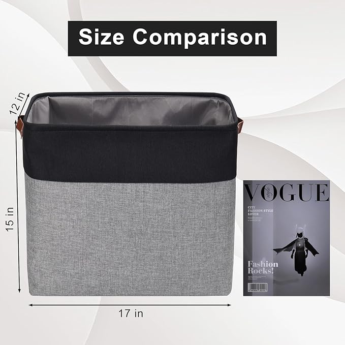 Large Fabric Storage Baskets | 50L Storage Bins, Decorative Linen Closet Baskets with Handles for Organizing, Shelf, Toys, Clothes, Home, Office, Nursery, 17x12x15Inches (Gray&Black)