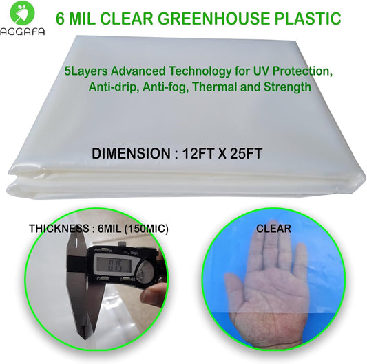 6 mil (12ft x 25ft) 100% Virgin Material. 5Layers Advanced Extrusion Technology for UV Protection, Anti-drip, Anti-Fog, Thermal and Strength. 4Years Lifetime UV Resistant Greenhouse Plastic
