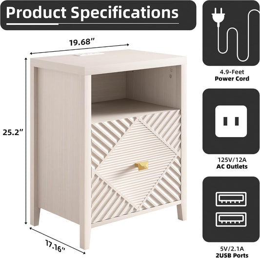 3imothrix End Table Set of 2 with Charging Station, Modern Nightstand with Door and Open Shelf, Fluted Design, Bedside Table for Bedroom, Living Room, Light Brown