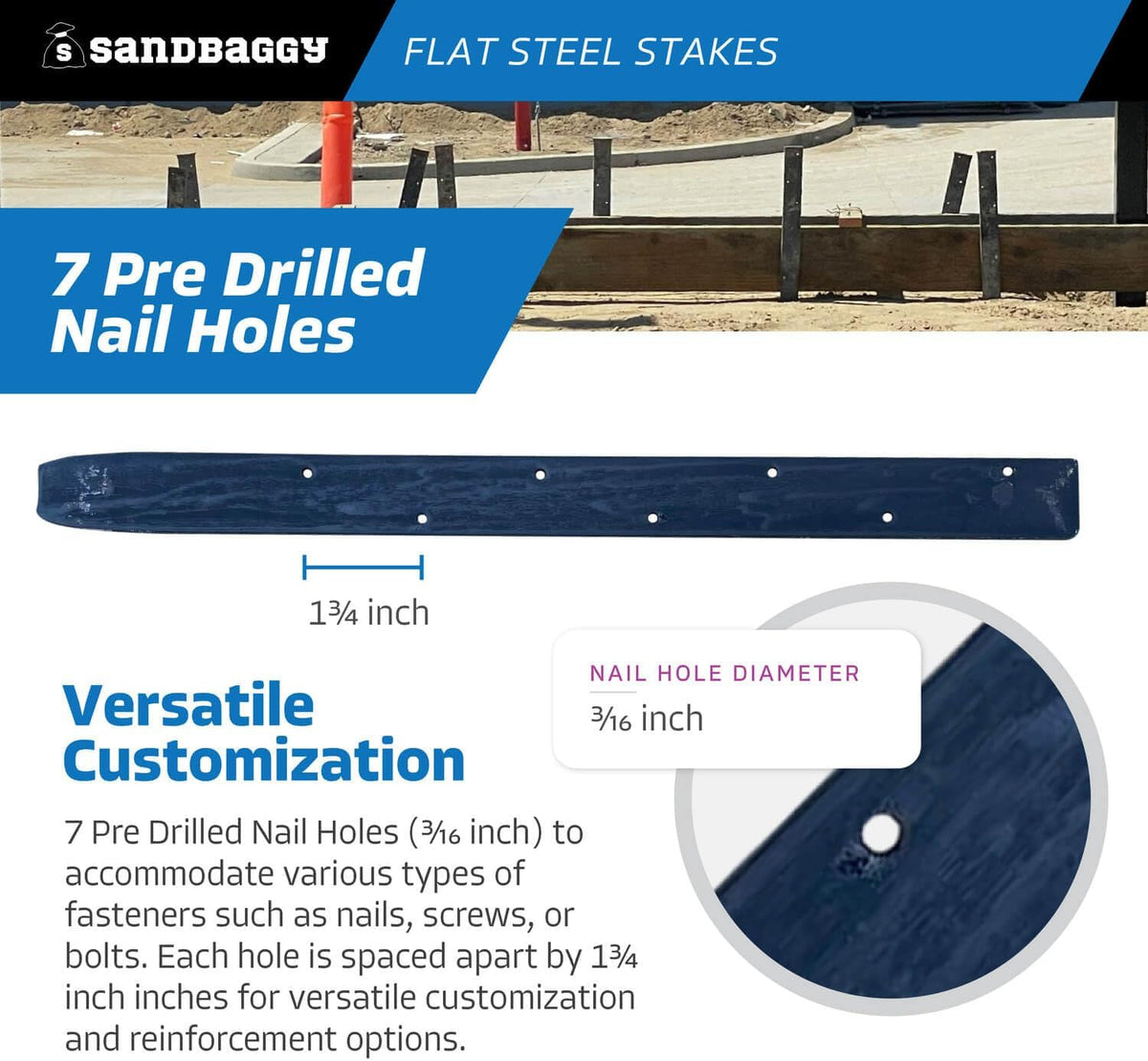 Sandbaggy Flat Steel Stakes for Concrete Forms with Nail Holes - 1.5" Wide - Painted - Removable, Reusable, V Point End - Construction Grade Stakes (20, 18 inch)