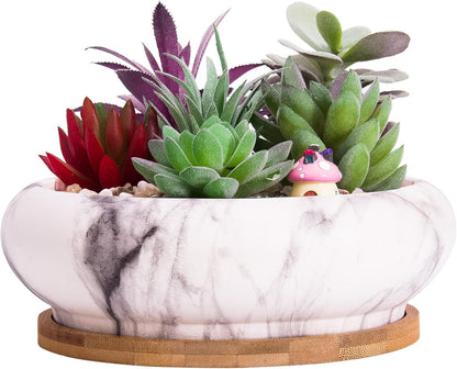 ARTKETTY Succulent Pots - 7.3 Inch Ceramic Bonsai Pots with Trays Set of 2, Large Succulent Plant Pots with Drainage Shallow Planters for Indoor Plants Marble Cactus Flower Plant Container Bowl