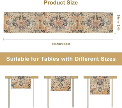 Bohemia Orange Table Runner, Rustic Farmhouse Vintage Geometric Floral Print Table Cover for Home Kitchen Dining Table Party Decor, 13x108inch