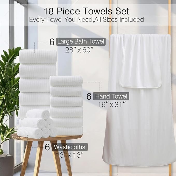 18 Piece Family Bath Towel Set Include 6 Bath Towels,6 Hand Towels and 6 Washcloths Soft Bathroom Towel with Hanging Loops,Highly Absorbent Quick Dry Towels Set for Bathroom,Hotel and Spa-White