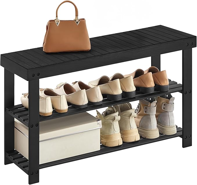 SONGMICS Shoe Rack Bench, 3-Tier Bamboo Shoe Storage Organizer, Entryway Bench, Holds Up to 286 lb, 11.3 x 35.4 x 17.8 Inches, for Entryway Bathroom Bedroom, Ink Black ULBS90B33