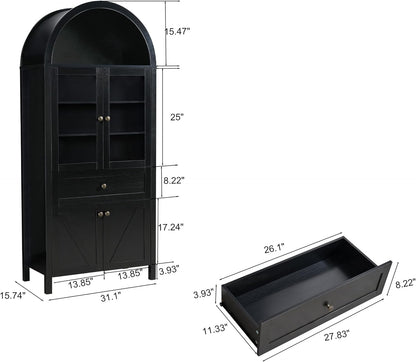 71" Tall Arched Pantry Cabinet, Kitchen Storage Pantry Cabinet, Farmhouse Wood Arched Bookshelf with Drawers and Adjustable Shelves for Living Room, Kitchen, Dining Room (Black)
