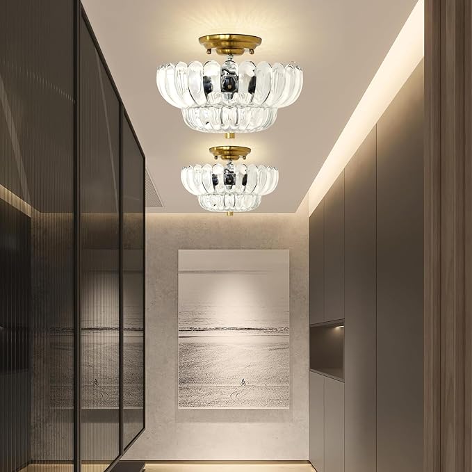 Ceiling Lights Semi Flush Mount Ceiling Light White Glass Light Gold Base Modern Light Fixture for Hallway Living Room Kitchen Bedroom 3 Bulbs(Bulb Not Included)