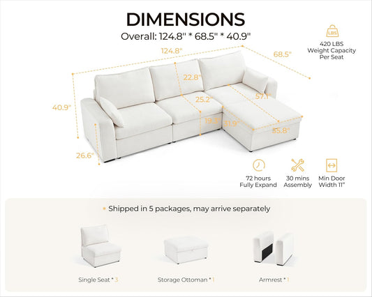 124.8'' Oversized Modular Sofa Comfy Cloud Couch with Storage Wide L-Shaped Sectional Sofa Set with Chaise for Living Room, Covers Washable, 4-Seater with Ottoman, Chenille, White