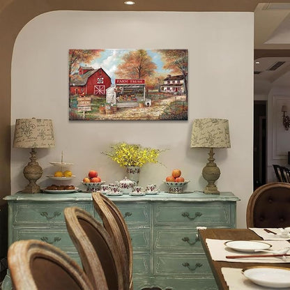 CYULWNNO Farmhouse Canvas Wall Art Farm Stand Landscape Painting Nature Rustic Scenery Canvas Prints Vintage Red House Wall Decor Framed for Living Room Bedroom