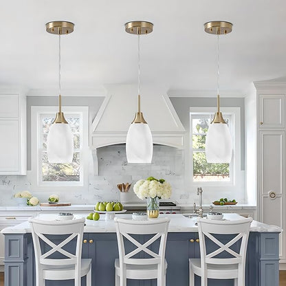 Mini Glass Pendant Light 3-Pack Handblown Art White Swirl Oval Glass Hanging Pendant Lamp 4.72" Glass Chandelier for Kitchen Island Dining Room Living Foyer Hallway Entry Brushed Gold Finish