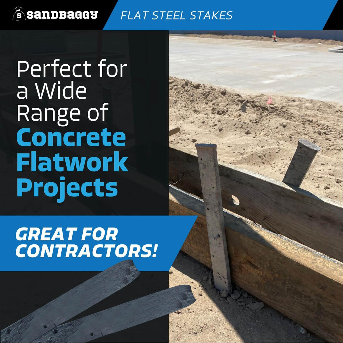 Sandbaggy Flat Steel Stakes for Concrete Forms with Nail Holes - 1.5" Wide - Painted - Removable, Reusable, V Point End - Construction Grade Stakes (20, 24 inch)