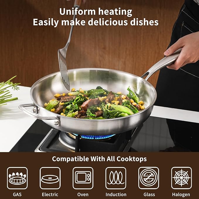 12-Inch Tri-Ply Stainless Steel Pan, PFOA and PTFE-Free Skillet Griddle, Stainless Steel Pan Set with Lid for the Kitchen, Induction-Compatible Cookware Sets, Dishwasher and Oven Safe