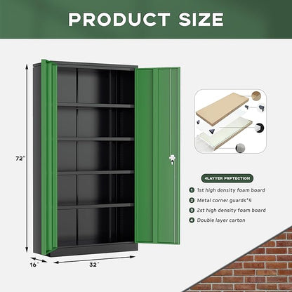 Greenvelly Metal Garage Storage Cabinet with Doors and Adjustable Shelves,72" Steel Lockable File Cabinet for Home Office,Garage,School(Black Green,32" W x 16" D)