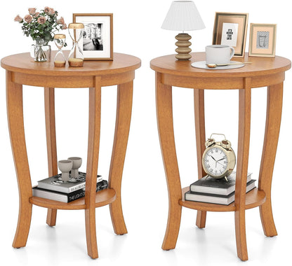 Giantex Round End Table Set of 2, Retro Nightstand with Storage Shelf & Solid Wood Legs, 24.5" Accent Side Table for Small Spaces, Wood Night Stand for Living Room Bedroom, Light Brown