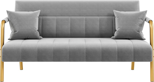 Yaheetech 56.5" Small Sofa 2 Seater Couch with Gold-Tone Legs, Light Gray