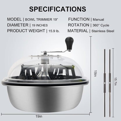 MELONFARM 19 in Bud Leaf Bowl Trimmer, Bud Bowl Trimmer with Switchable Stainless Steel Blades & Clear Visibility Dome, Hand Twist Spin Cutting Bud Trimmer for Buds, Flowers, Hydroponics Plants