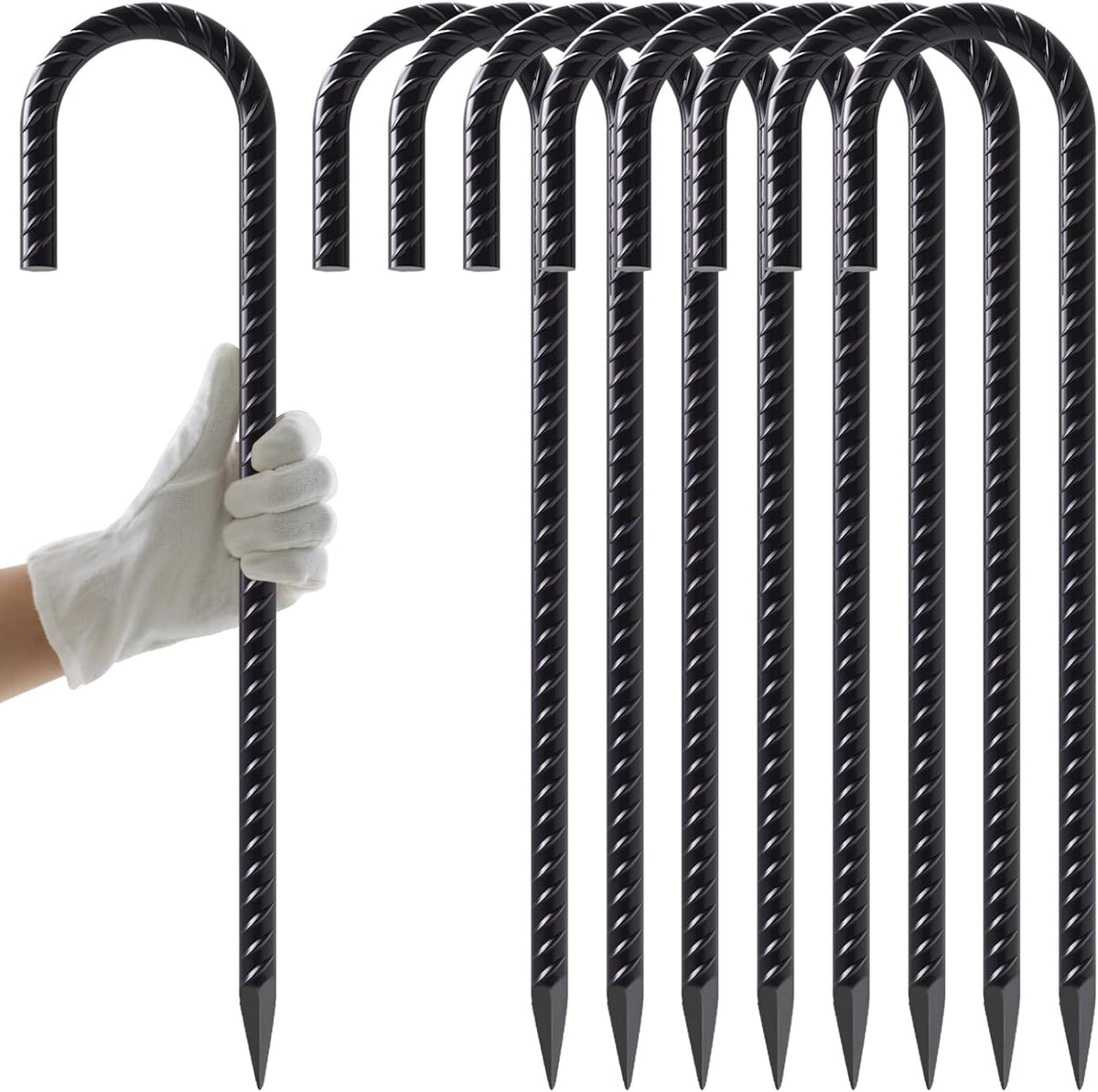 AAGUT 16 Inch 8 Pack Rebar Stakes 3/8" Heavy Duty J Hook Chain Link Fence Stakes with Chisel Point End Steel Ground Anchors for Tent and Outdoor Decorations, Black Coated