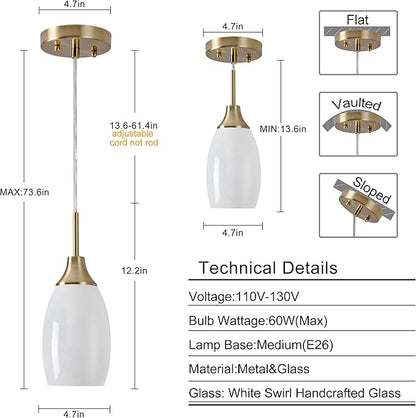 Mini Glass Pendant Light 3-Pack Handblown Art White Swirl Oval Glass Hanging Pendant Lamp 4.72" Glass Chandelier for Kitchen Island Dining Room Living Foyer Hallway Entry Brushed Gold Finish
