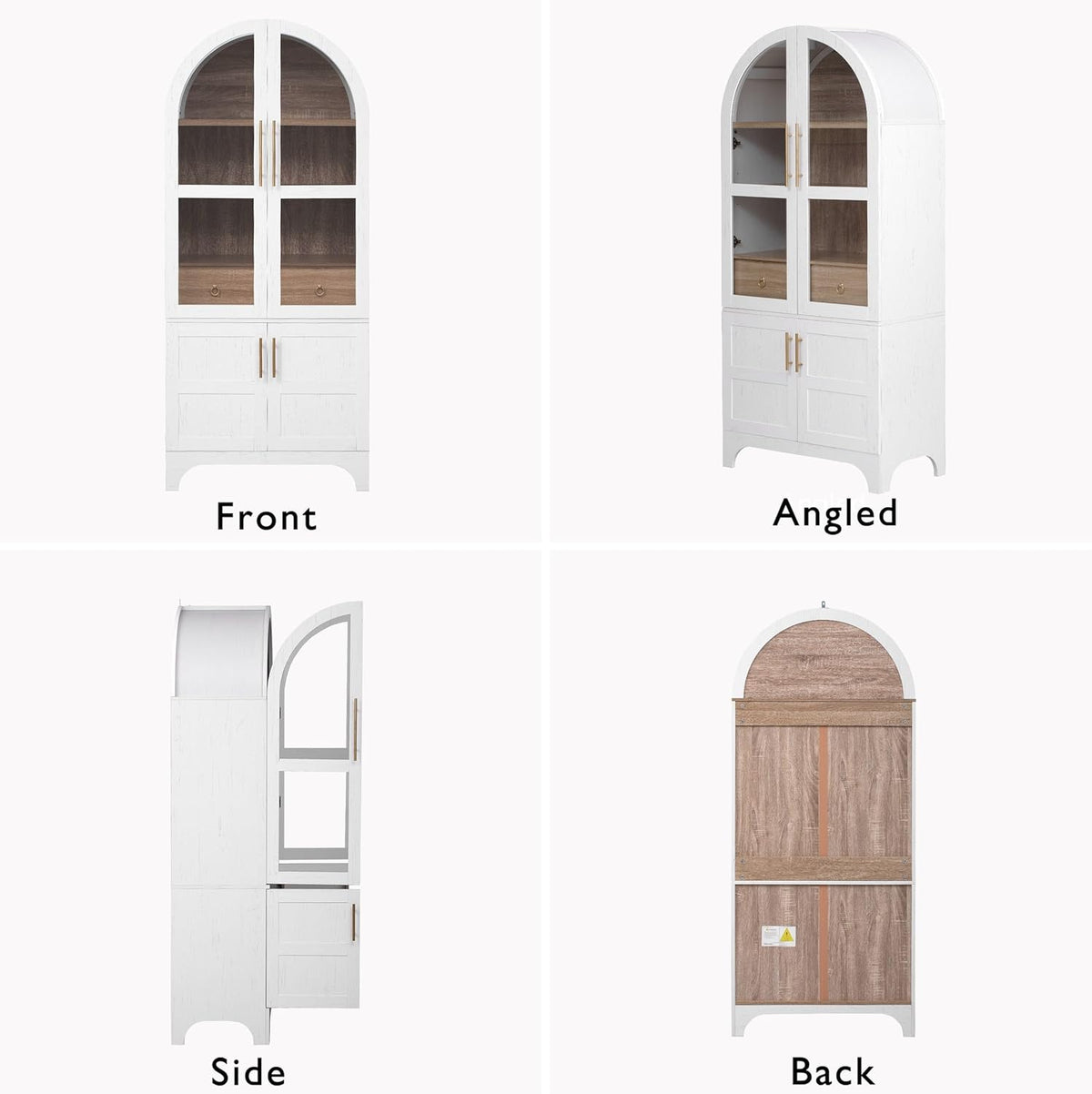 71" Farmhouse Tall Arched Kitchen Pantry Cabinet with Adjustable Shelves and Hidden Drawer, Anti-Tipping Storage Cupboard with Glass Door for Kitchen, Dining Room (White)