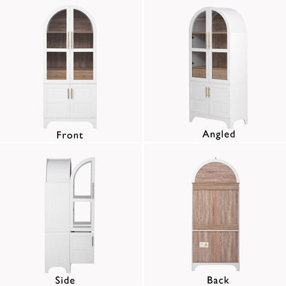 71" Farmhouse Tall Arched Kitchen Pantry Cabinet with Adjustable Shelves and Hidden Drawer, Anti-Tipping Storage Cupboard with Glass Door for Kitchen, Dining Room (White)