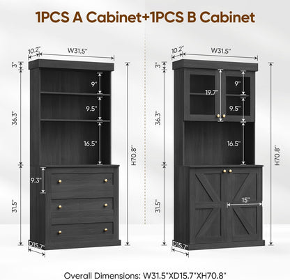 71" Black Farmhouse Kitchen Pantry Cabinet Set of 4— Freestanding Coffee Bar with Glass Doors or Drawers, Microwave Stand, Large Storage Hutch with Adjustable Shelves for Kitchen, Living Room