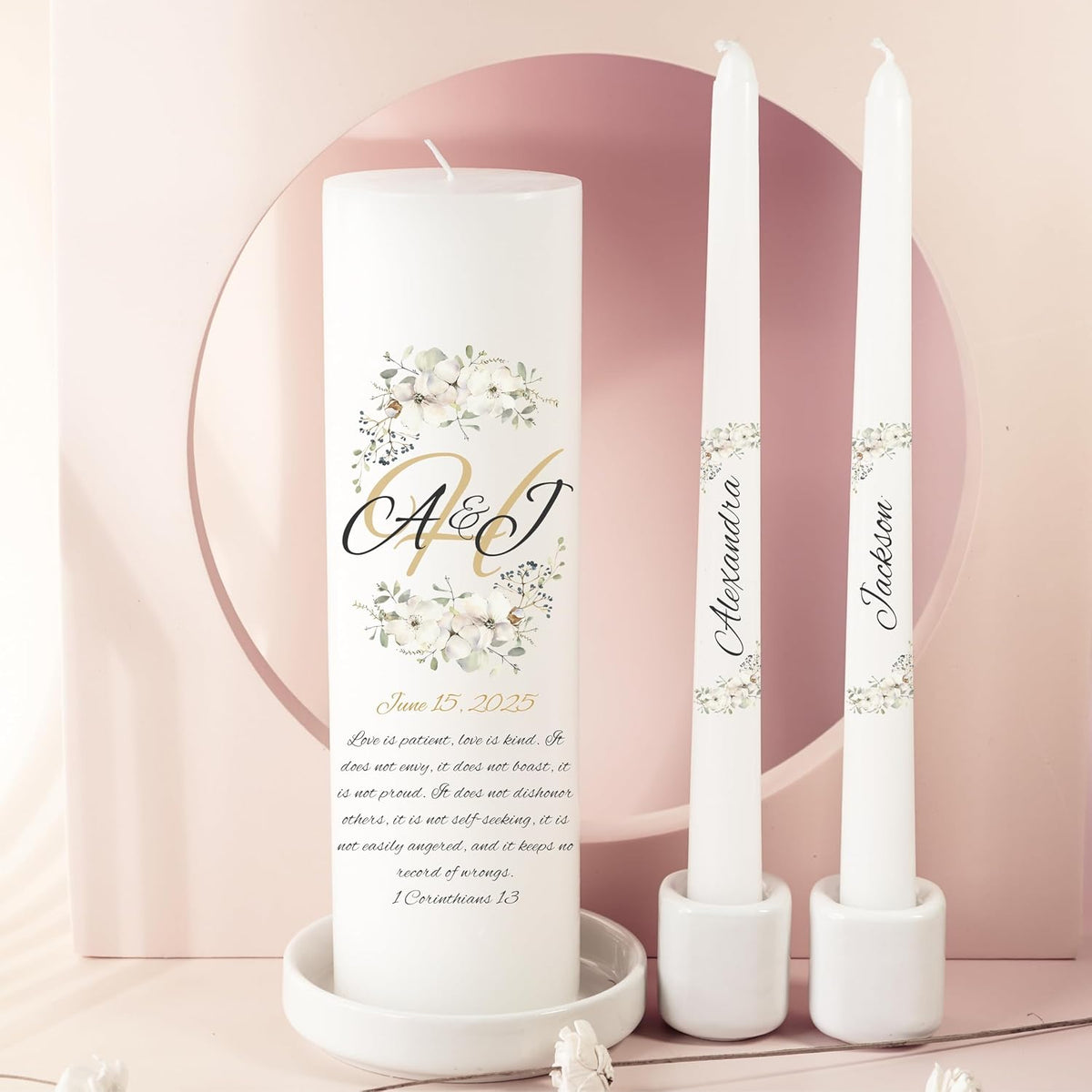 Unity Candles for Wedding, Modern Unity Set, Custom and Personalized Pillar and Taper Candles with Bible Quote, Unscented White Premium Wax, Religious and Wedding Ceremony, Special Events (Camellia)