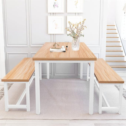Recaceik Dining Table Set with Bench, 3 Pieces Dining Furniture Set Kitchen Table Set Sturdy Structure Space-Saving Dinette for Kitchen, Dining Room Breakfast Nook, Living Room, Beige