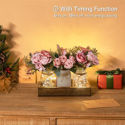 Mkono Mason Jar Lights Centerpiece Table Decorations For Dining Room Farmhouse Table Decor Tray With 3 Jars Flowers Arrangement Summer Decor For Kitchen Living Room Wedding, Pink