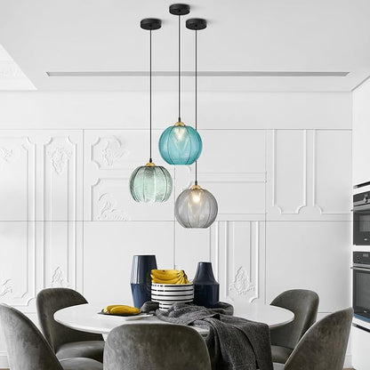 KCO Lighting Mid Century Modern Blue Glass Pendant Light Large Globe Kitchen Island Dining Pendant Lights Black Round Ceiling Hanging Lighting Fixture Adjustable Cord Farmhouse Foyer Chandelier