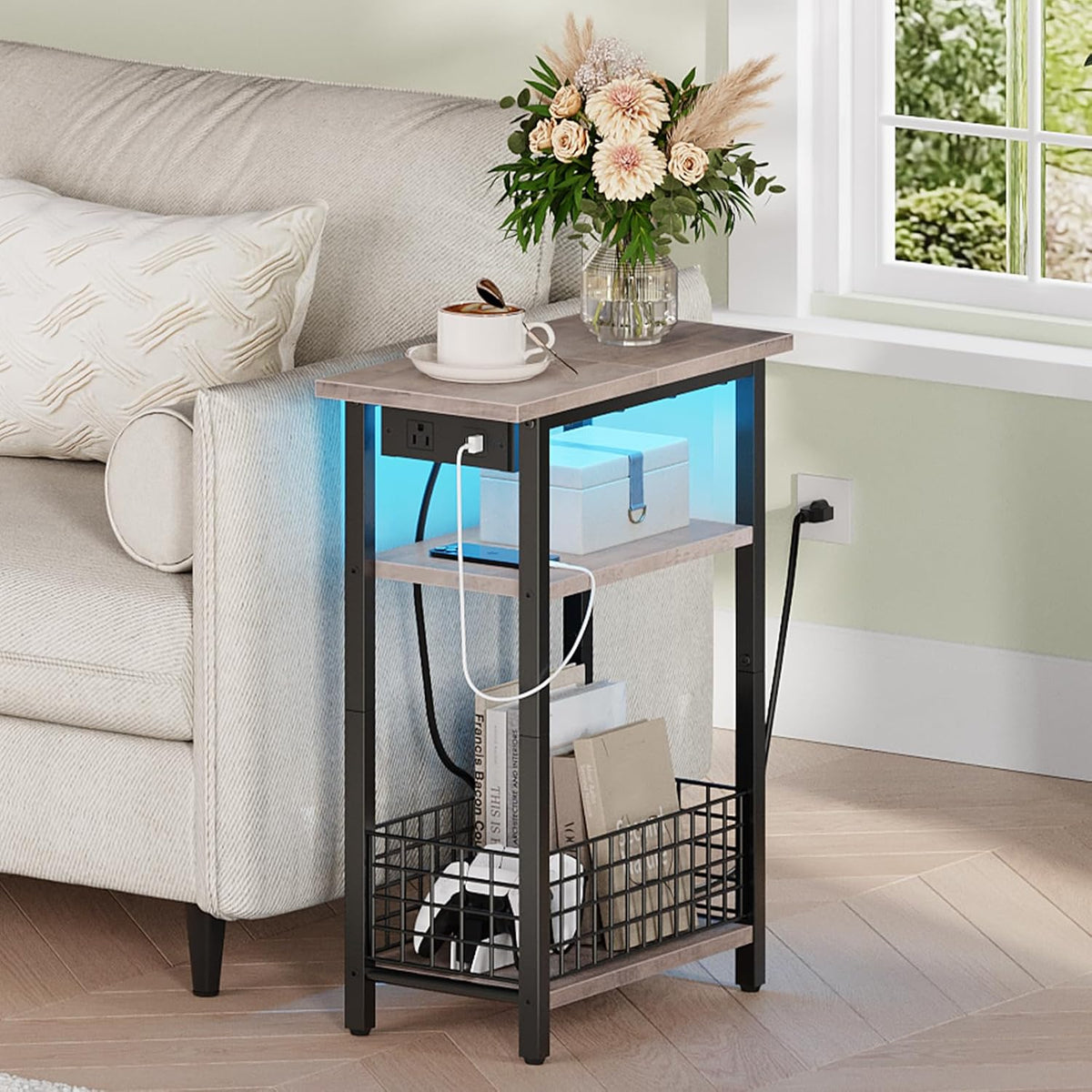 HOOBRO Narrow Side Table with Charging Station and LED Light, Small End Table with Storage, Skinny Nightstand with USB Port, Slim Bedside Table for Small Spaces, Living Room, Greige BG242UDBZ01