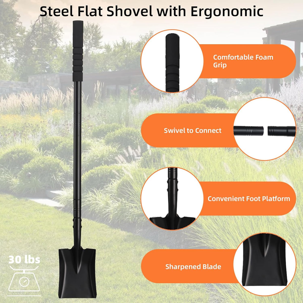 Small Square Shovel 43.3Inches Heavy Duty Garden Tools with Metal Handle, Small Transfer Spade for Digging Camping Car Beach Shovel, Black