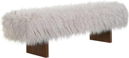 Christopher Knight Home Lenka 67" Long-haired Faux Wool Bedroom Bench, Rubberwood Ottoman Bench, Spacious Seating, Long Footstool for Living Room, Luxury Entryway Bench, Brown+Beige